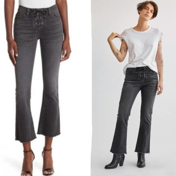 Nili Lotan Lace-up Vianca Flare Raw Hem High Rise Crop Jeans Size 27 - Picture 1 of 7